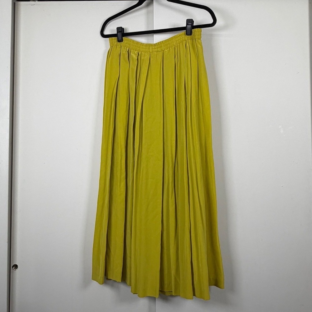 Anne Klein II Vintage 100% Silk Maxi Skirt Chartreuse Cottage Pleated Small